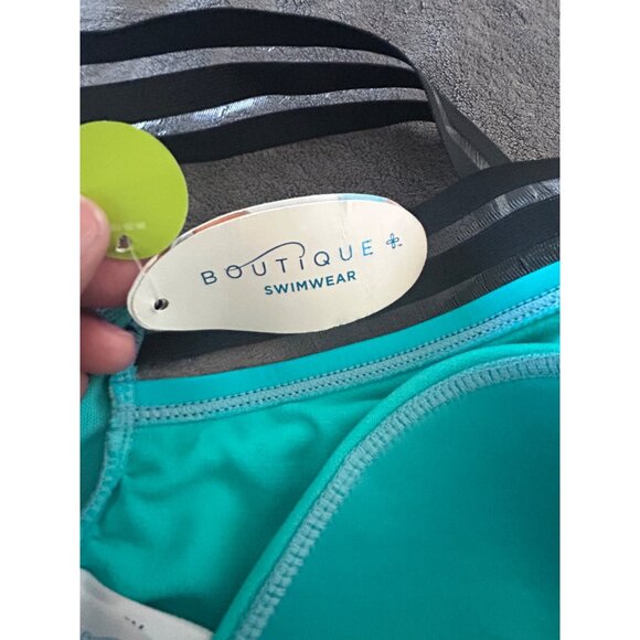 Crisscross Halter Teal One-Piece Swimsuit With Black Stripes & Back Clasp Closur - Picture 8 of 12